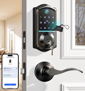 Veise Fingerprint Smart Lock with 2 Lever Handles, Keyless Entry Front Door Lock Set, App Control, Electronic Digital Keypad Deadbolt, Matte Black