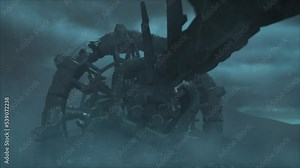 Cinematic shot of a stormy ancient alien crash site, with a smooth descending shot of a vast hulk of a derelict space ship with wreckage, through an electrical silicate storm - teal color scheme