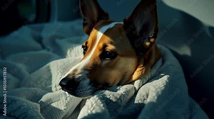 A dog resting with its head on a cozy bed, looking up with loyal eyes. The peaceful scene captures a moment of relaxation and companionship.