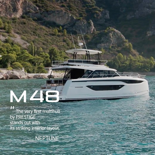The M48 as seen in Neptune Yachting Moteur: “The very first multihull by PRESTIGE stands out with its striking interior layout”. | Prestige Yachts