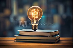 Light bulb glowing on book idea of inspiration from reading innovation idea and creativity concept. Self-learning and Global Education, Knowledge, study or learning new skill