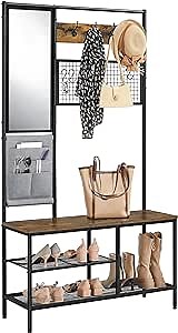 Yaheetech Hall Tree with Shoe Bench, Coat Rack with Mirror & Storage Bag, Entryway Bench with Shoe Storage Shelves, Metal Frame, for Hallway Bedroom Living Room, 6-in-1 Design, Rustic Brown