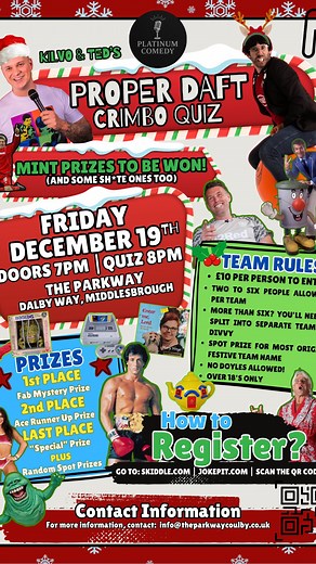Friday December 19th at The Parkway Coulby Lounge, Sports & Functions myself and local comedy juggernaut James Kilvington Comedy are hosting KILVO & TED’S PROPER DAFT XMAS QUIZ! Grab tickets and enter a team ASAP! ⚠️This will be chocka block like! ⛔️ No Doyles allowed! Jokepit🎟️👉 https://www.jokepit.com/e/45900 Skiddle 🎟️👉 https://www.skiddle.com/whats-on/Middlesbrough/The-Parkway/Kilvo—Teds-Proper-Daft-Crimbo-Quiz/41432975/ #Quiz #comedy #Christmas #thingstodo #whatson #Boro #Middlesbrough 