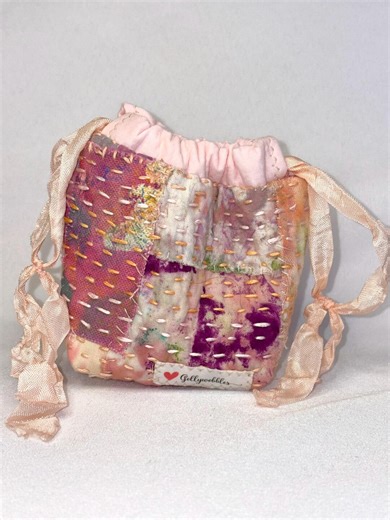 Mini Boro Stitched Drawstring Pouch - Mixed Color Patchwork - Hand-dyed Rose Pink Peach - Peach Drawstrings - Etsy