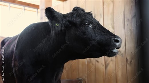 Black angus cow slowly turns head and opens mouth inside wooden barn stall closeup progression showing chewing and calling for livestock farming concept.