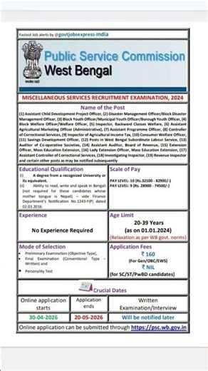 West Bengal New Vacancy, WBPSC Miscelleneous Services Examination 2024, Shorts