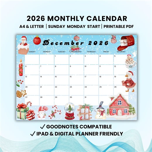 2026 December Monthly Calendar | Printable Digital Planner | A4 Letter Size | Sunday Monday Start, Goodnotes Compatible PDF Digital Download - Etsy Canada