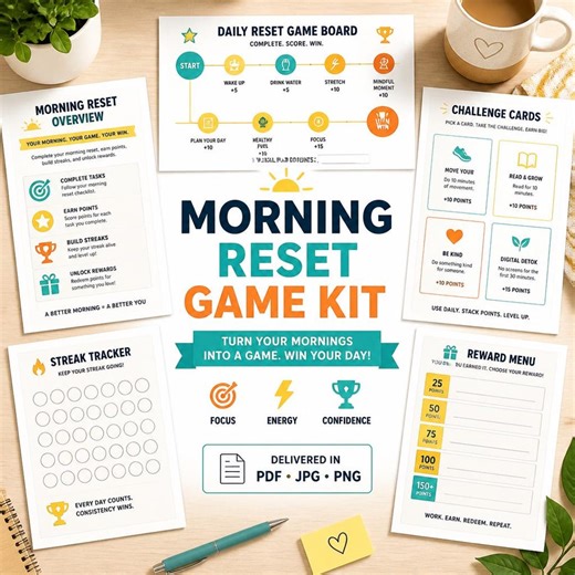 Morning Routine Game Kit Printable, Reset Challenge Cards, Streak Tracker, Daily Scoreboard, Women Morning Planner - Etsy