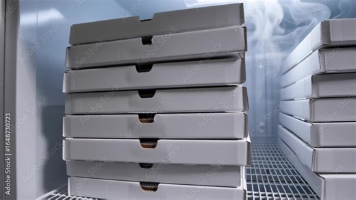 Frozen food delivery service with cold chain shipping using stacked white boxes in commercial freezer for safe storage and shipping