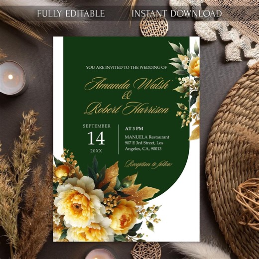 Gold Green Wedding Invitation, Elegant Yellow Flower Wedding Invite, Emerald Green Gold Wedding, Yellow Roses Invitation, Digital Invite - Etsy