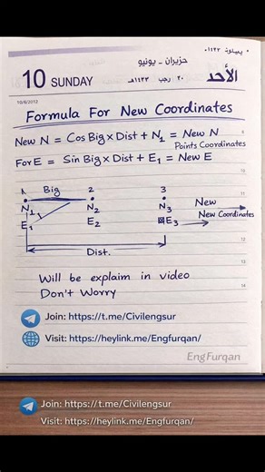 Civil Engineer Surveyor on Instagram: "📐 Formula for New Coordinates | Surveying Basics Learn how to calculate new Northing (N) and Easting (E) using bearing and distance — explained in a simple visual format for students, surveyors, and civil engineers. ✅ New N = Cos(Bearing) × Distance + N₁ ✅ New E = Sin(Bearing) × Distance + E₁ 📌 Clear diagram included 📌 Step-by-step concept 📌 Useful for field surveying & exams 🔗 Join my Telegram Channel: 👉 https://t.me/Civilengsur 🌐 Visit Website: 👉 