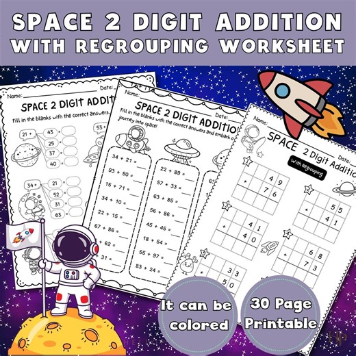 Space 2-digit Addition Worksheets (with Regrouping), 30 Printable Addition Worksheets for Kids, Instant Download Pdf(digital Download) - Etsy