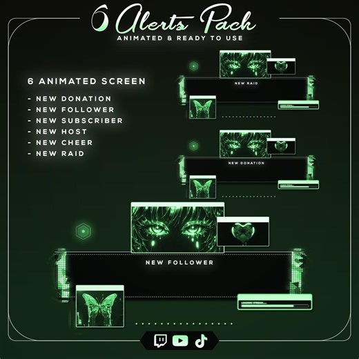 6 Animated Twitch Alerts Pack | Green Anime Alerts | Follower Subscriber Donation Raid - Etsy