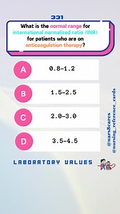 4.9K views · 42 reactions | What is the normal range for international normalized ratio (INR) for patients who are on anticoagulation therapy? * * * #nurses #doctors #nursing #medical #nurseexam #NCLEX #nclexreview #nclexrn #registerednurse #medicaldoctor #medicine #nclexprep #nursingstudent #medicalstudent #RN #NMCCBT #fbreels #fypシ゚ @highlight @followers @everyone | Nursing Reference Cards | Facebook
