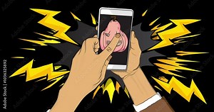 Cartoon Smartphone, comic book Telephone with Halloween Jack O' Lantern Pumpkin. Retro animation, comics pop art video.