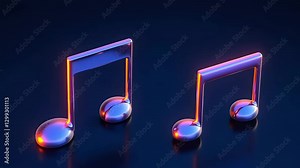 Colorful 3D music notes glowing in vibrant light against a dark background