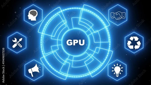 Central GPU graphic processing unit digital technology hub with surrounding icons central processing