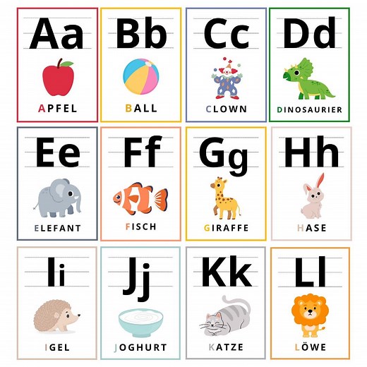 ABC Karten zum Ausdrucken – Deutsch, Buchstaben lernen mit Bildern und Schreiblinien Vorschule, Alphabet Karten Digital Download - Etsy.de