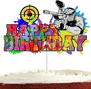 Paintball Birthday Cake Topper for Boys Men - Shooting War Game Party Decorations - Gun Cake Decor