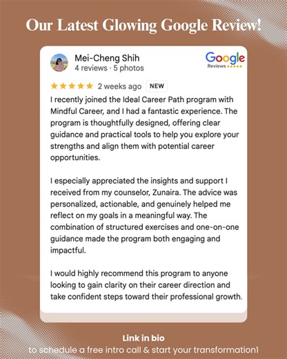 ✨ Client Spotlight! ✨ Career clarity doesn’t happen by accident. It’s built with the right structure and support. After joining our Ideal Career Path program, Mei-Cheng gained clearer direction, practical tools, and deeper insight into her strengths all while working closely with our counselor, Zunaira. Through personalized guidance and structured exercises, she was able to reflect on her goals meaningfully and take confident steps toward professional growth. This is what intentional career deve