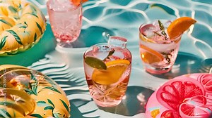 Various beverages placed on the edge of a swimming pool, with water gently lapping in the background