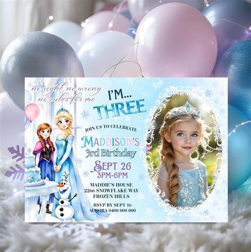 Frozen 3rd Birthday Photo Invitation Editable Watercolor Princess I'm Three Invite Digital Download - Etsy Australia