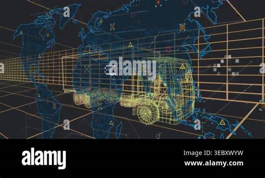 On data pulse, truck wireframe appearing as map fading while HUD icons linking for global tracking. 3d, logistics, network, visualization, grid, continents, nodes Stock Video Footage - Alamy