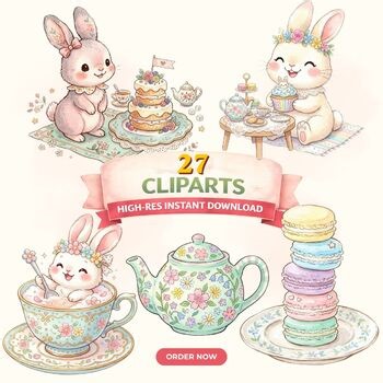 Pastel Tea Party Bunny Clipart Set – 21 PNG & 6 JPEG Watercolor