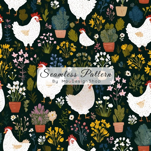 White Chicken Hen Black Background Garden Backyard Repeat Pattern Seamless Repeat - Etsy
