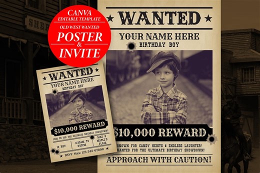 Wanted Poster Invite Template | Wild West Cowboy Party Decor | Birthday Invites and Posters Old West Style | Canva Invitation Template - Etsy Australia