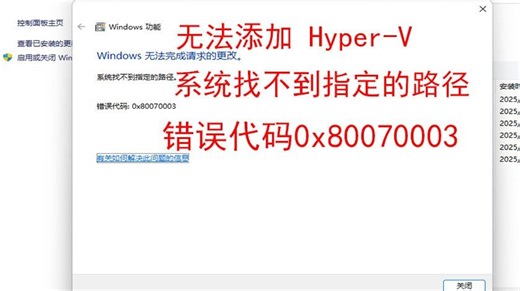无法添加Hyper-v，添加虚拟化功能错误，添加hyper-v错误，系统找不到指定的路径，错误代码：0x80070003