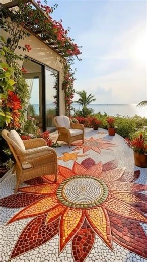 Mosaic patio with giant sunflowers—the full transformation