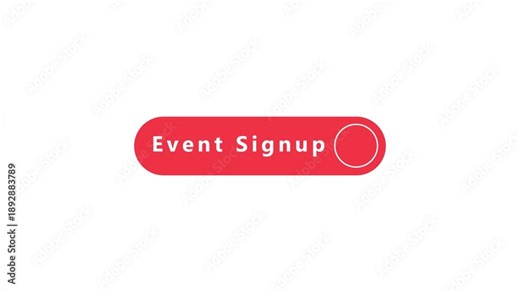 Red rounded button with text Event Signup and a circular outline on white background registration join