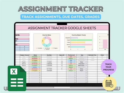 Assignment Tracker College Student Assignment Excel Google Sheets Student Digital Planner Assignment List Homework to Do Study Planner - Etsy UK