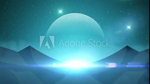 Science fiction planet seamless loop, sci-fi animated background with space for your text or logo. Night, Stars and Alien Planet. Epic big shinny moon behind the mountains.