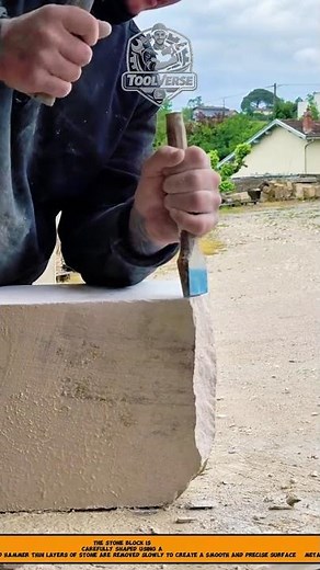 Manual Stone Carving and Block Shaping Process Using Chisel and Hammer