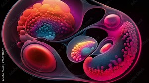 Imaginative depiction of a human embryo at the early fourcell stage, featuring a blend of geometric elements and delicate color gradations to illustrate the intricate process of cellular