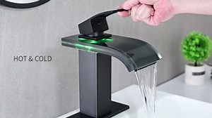 LED Bathroom Sink Faucet, Matte Black Waterfall Single Hole Handle Vanity Faucets for Sinks 1 Hole with Metal Pop Up Drain and 2 Water Supply Lines, Wide Glass Spout