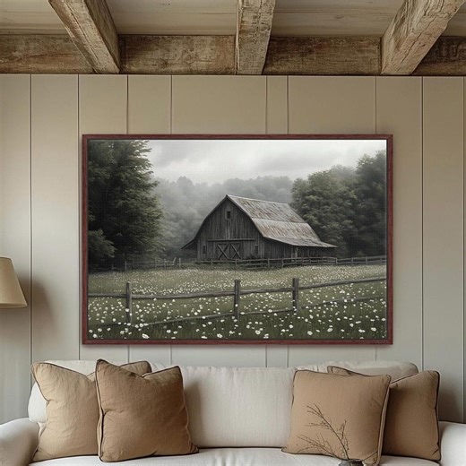 Rustic Barn Framed Canvas Wall Art, Country Home Decor, Modern Farmhouse Wall Decor, Landscape Canvas Wall Art With Barn & Wildflowers, 043 - Etsy