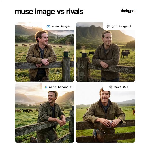 muse image vs gpt image 2 vs nano banana 2 vs reve 2.0@Meta shipped muse image – an image model inside meta ai. the headline feature: @-mention anyone's instagram and generate images of them from their public photos. opt-out exists but it's on by default, so anyone can generate you without asking – a new privacy surface worth watchingwhat's under it:• reasoning before generation. muse image runs through muse spark to plan layout, search the web, and blend photos before rendering. same pattern op