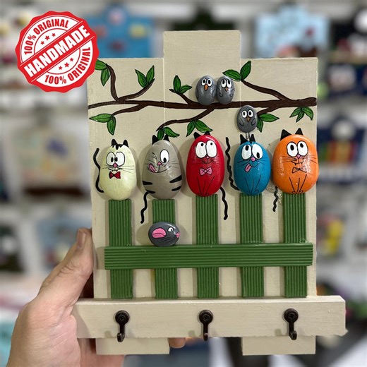 Handmade Cat Key Holder Wall Decor, Cute Colorful Cat Fence Key Rack With Birds, Wooden Entryway Organizer, Unique Gift for Cat Lovers - Etsy