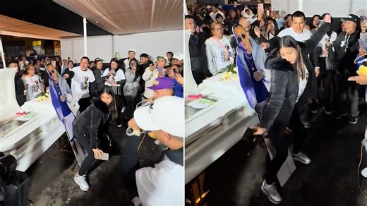 Young widow twerks against husband's cardboard cut-out at funeral