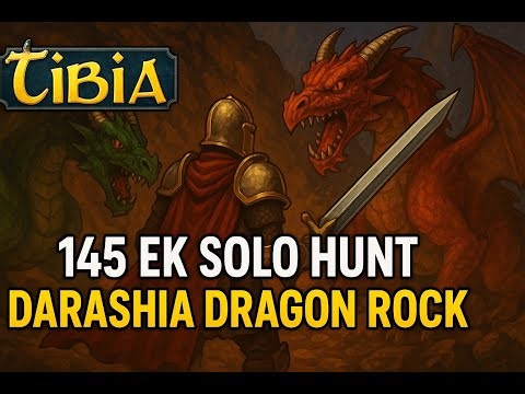 Solo 145 Elite Knight vs Dragon Rock – Dragons & Dragon Lords Hunt | Tibia Gameplay