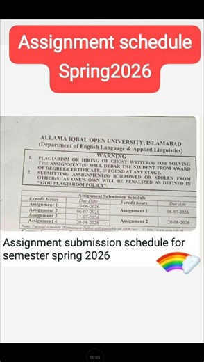 Assignment schedule Spring 2026 #aiou icom,BA,BS#exam#assignment questionpaper aiou.Aiou question pa