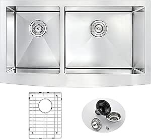 ANZZI Elysian 36" Stainless Steel Farmhouse Stainless Steel Kitchen Sink, Modern Brushed Satin 40/60 Dual Bowl Deep Soak Basin with Extra Large Noise Absorbing Pads Kitchen Sinks, K-AZ3620-3B