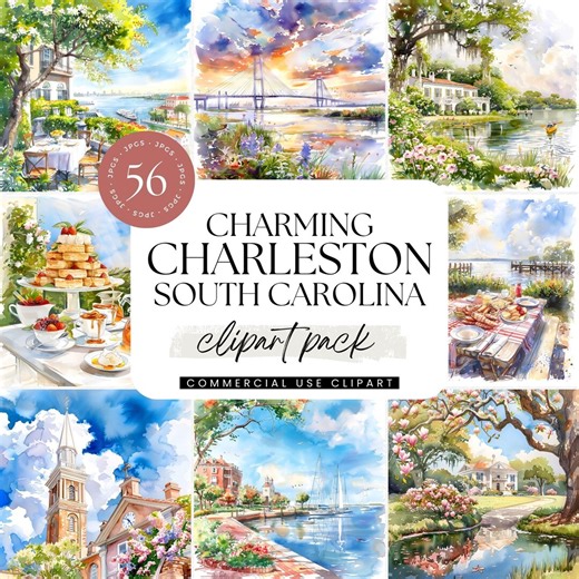 Charleston South Carolina Clipart, Watercolor Southern City Illustrations, Historic Travel Art, Journal Graphics, USA Tour Destination - Etsy