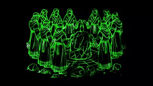 Download Glowing looping Halloween day Druids performing rituals. neon frame effect, black background. for free