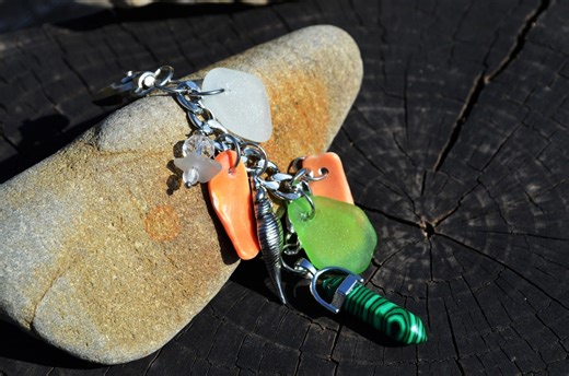Sea Glass Keychain: Conch Shell Charm, Malachite Crystal Pendant - Etsy