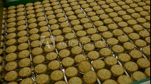 Mince pies on a production line in a factory