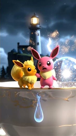 Jolteon's Tiny Cute Day Out in a stormy lighthouse cliff